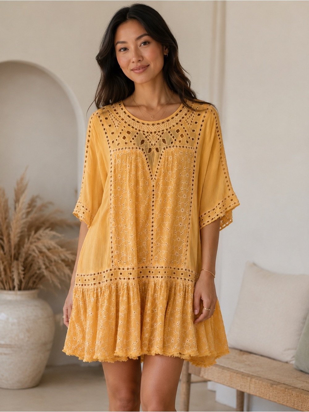 Free People Marigold Eyelet Embroidered Tunic Mini Dress XS/S